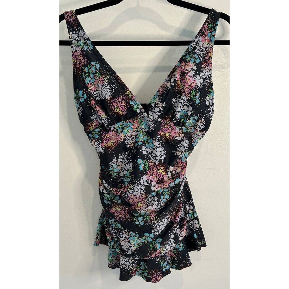 Shore Shapes Swimwear Black Floral Print One Piece Swimsuit Swimdress Ruched 8